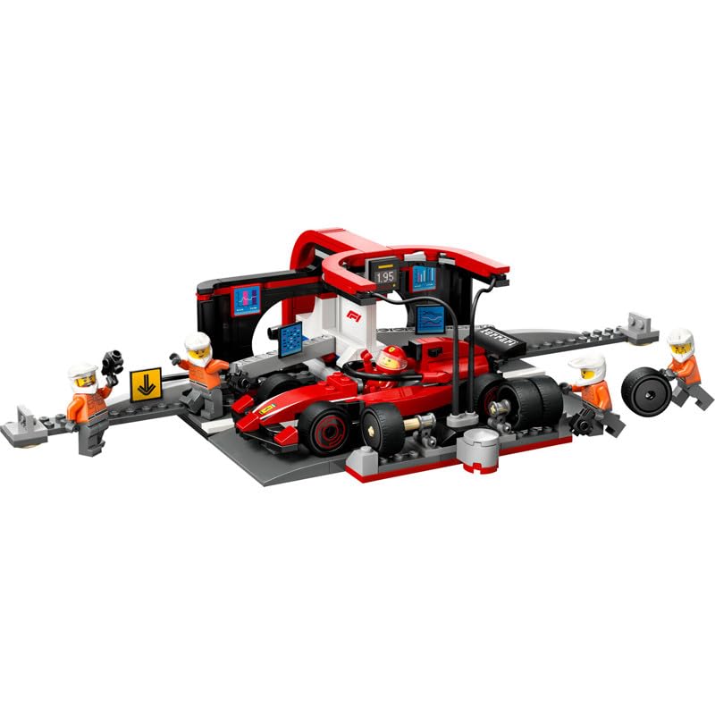 LEGO City F1 Pit Stop with pit crew and Ferrari speedster - Formula 1 Pit Stop set with 1 racer and 4 mechanic minifigures - Toy race car for boys and girls ages 6 and up - 60443