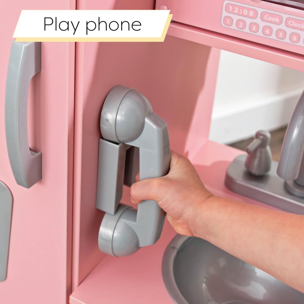 KidKraft Pink Vintage Wooden Play Kitchen with Kids Phone, Children's Kitchen with Retro Refrigerator, Toy for 3 years and older, 53179