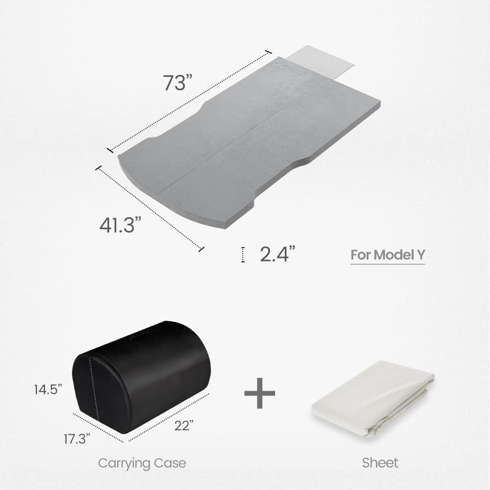 Havnby Tesla Model Y camping mattress includes CertiPUR memory foam mattress, storage bag, and fitted sheet. Portable, foldable, space-saving, double-sized.