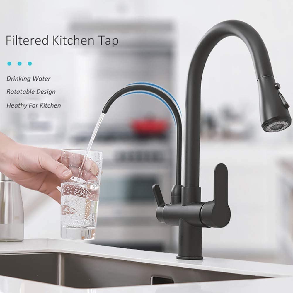 Onyzpily kitchen faucet Pure water High arc High pressure Kitchen tap with pull-out sprayer Extendable tap and 360° swivel Two spray functions Stainless steel Black