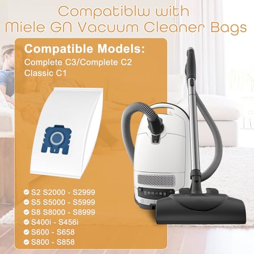 10 Replacement vacuum cleaner bags compatible with Miele vacuum cleaners GN series, Classic C1, Complete C2, Complete C3, S2, S4, S5, S6, S8 series. Includes 3 motor protection filters and 3 exhaust filters.