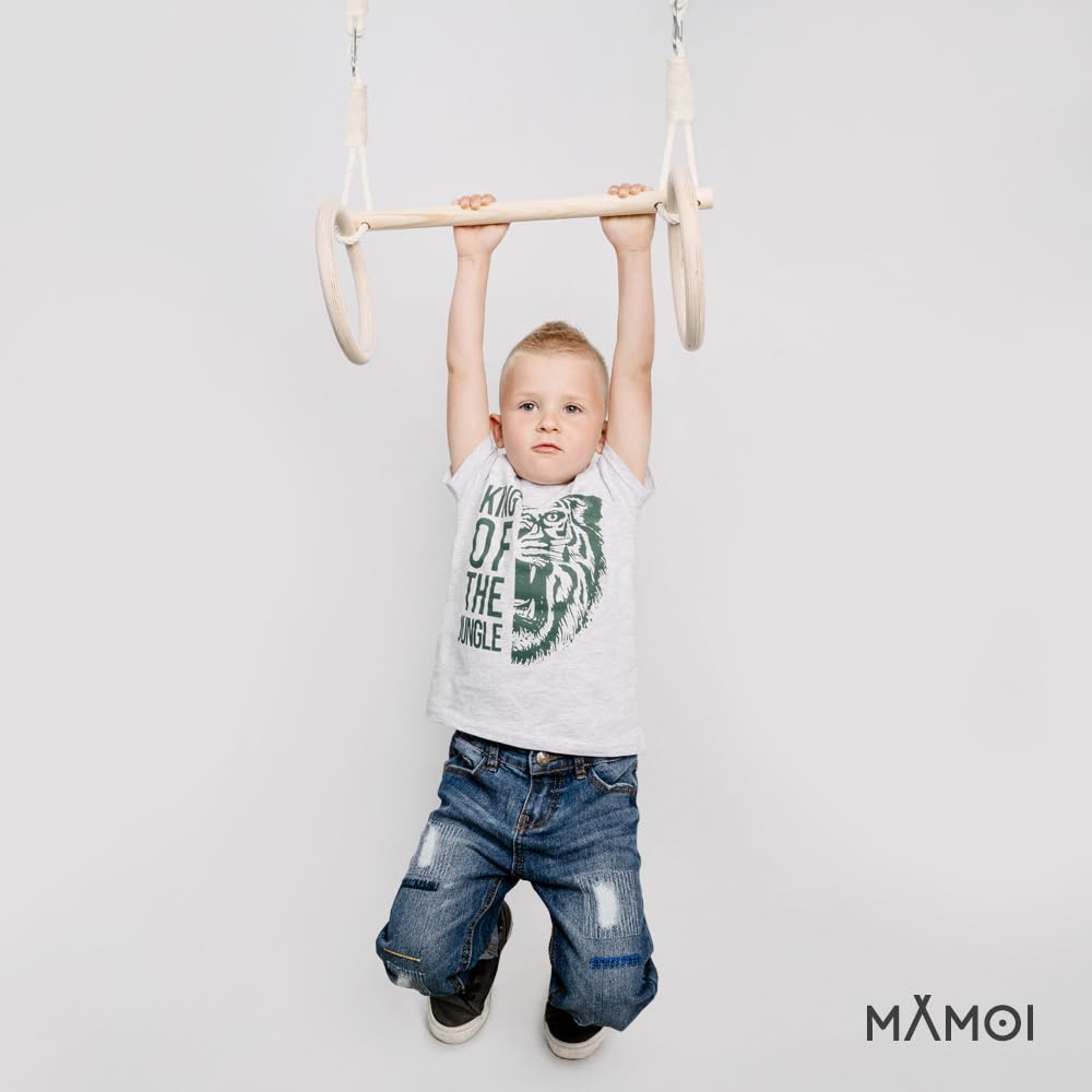 MAMOI® Trapeze swing, wooden gymnastic rings, kids' indoor and outdoor exercise equipment, ring swing, wooden swing gymnastics, gymnastic rings and trapeze bar.