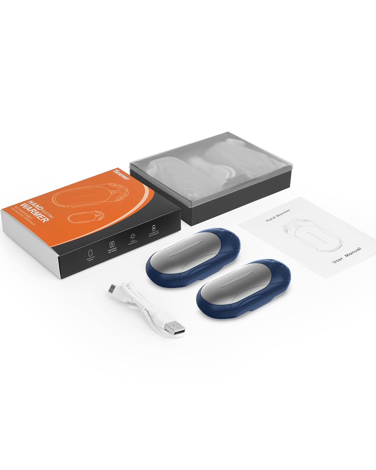BOSONER Electric Hand Warmer Rechargeable Pocket Heater: 2-Pack 6000mAh Rechargeable Electric Hand Warmer Portable USB Heater - Gift for Women Men (Blue Silver, One Size)