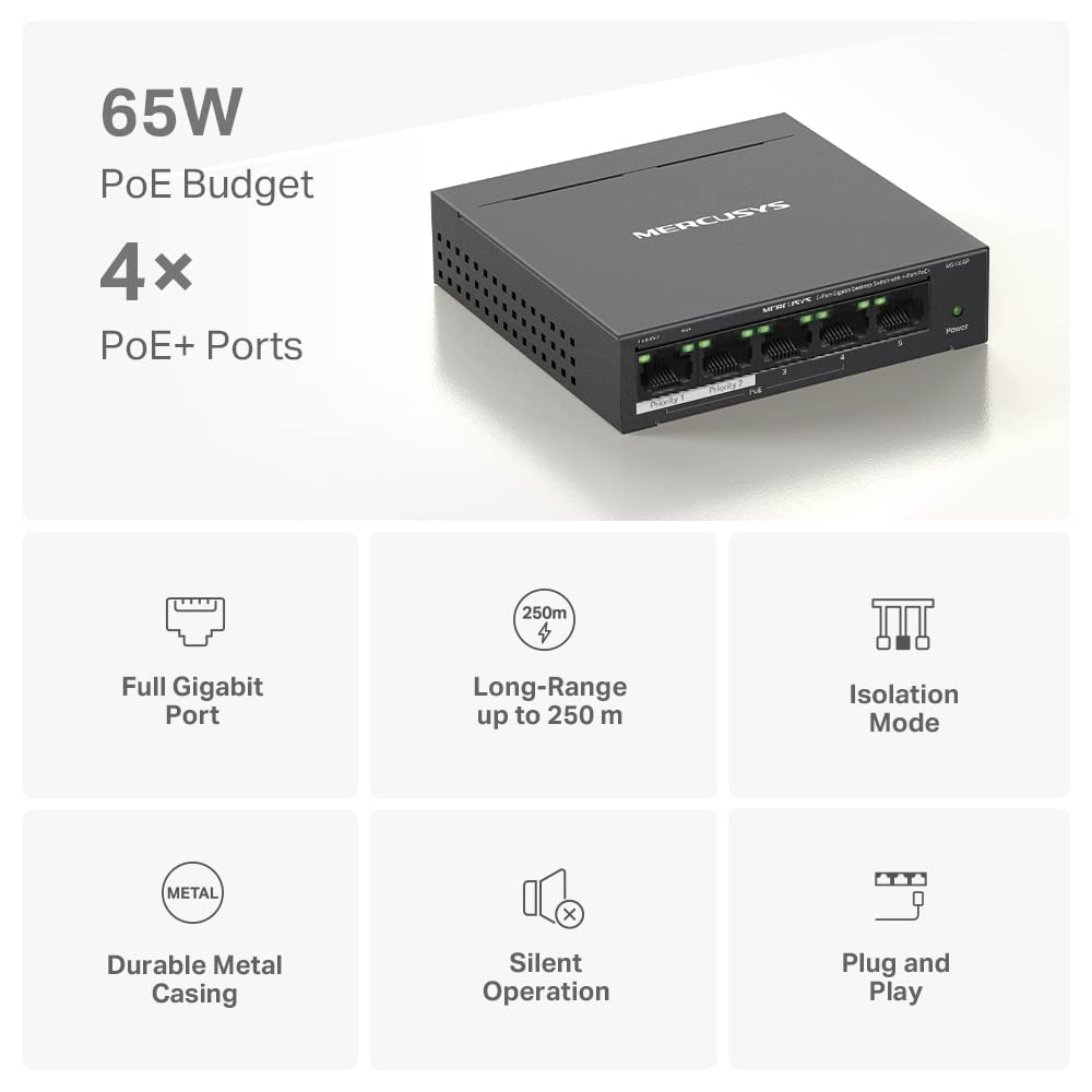 Mercusys MS105GP PoE Switch 5-Port Gigabit LAN Switch with 4 PoE+ Ports (65 Watts, IEEE 802.3af/at PoE, fanless, plug-and-play, sturdy metal housing)