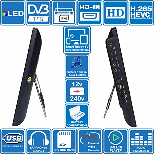 Unispectra® 14" TV 12V / 230V HD LED DVB-T/T2 (free to air) Screen mirroring technology USB PVR & Media player, HDMI. 12V TV for motorhomes, caravans, camping, trucks, boats, kitchen.