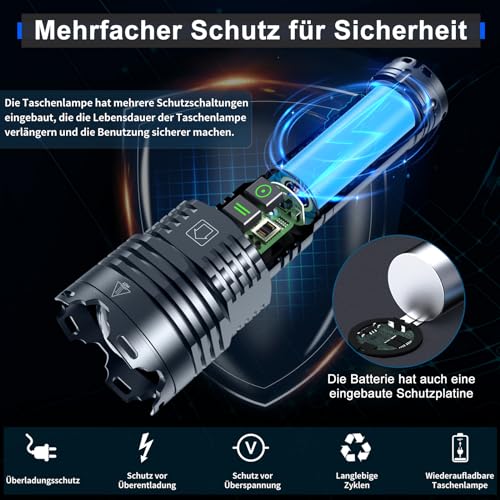 Amzyigou LED torches with 150000 lumens, Xhp160.5 rechargeable, powerful tactical torches with zoom, waterproof, torch gadgets for men, 6 modes for camping and emergencies.