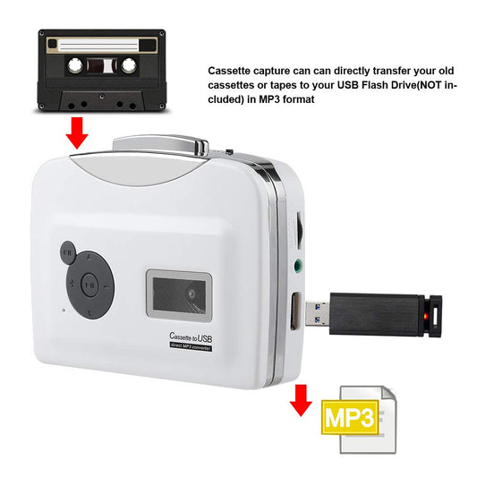 Standalone cassette player, USB cassette to MP3 converter directly onto USB disk audio music player with headphones.