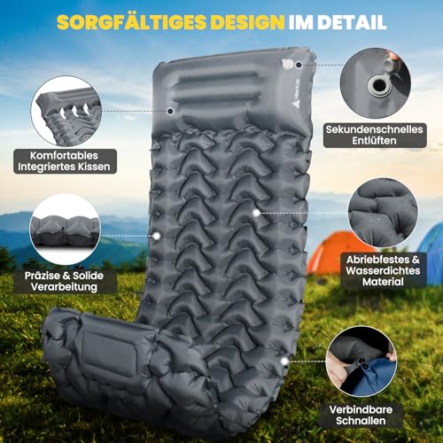 HIKENTURE Camping Isomatte Outdoor, 10cm Aufblasbare Isomatte Ultraleicht Kleines Packmaß, Sleeping Pad Schlafmatte mit Fußpumpe für Camping, Outdoor, Wandern - Grau