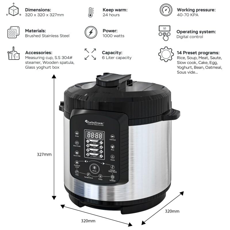 TurboTronic Pressure Cooker 6L with 2x stainless steel and coated pot, steamer, multi cooker, electric pressure cooker, steam cooker Silver