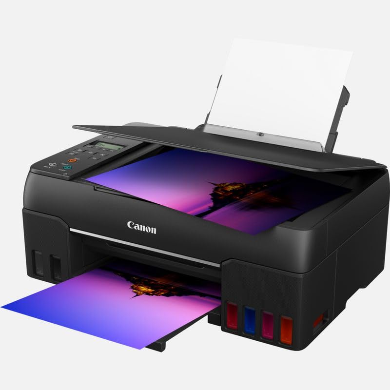 Canon PIXMA G650 MegaTank printer. Inkjet printer with scanner and copier functions. 4,800 x 1,200 dpi resolution, photo printing up to 4x6 inches. Features a LCD display, WLAN, wireless printing, and auto power on/off. Color: black.