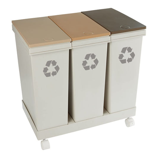 Innovative waste separation system with 3 compartments of 20 liters each, on wheels, with lid, bins with handles individually removable, total capacity of 60 liters, recycling system, dimensions 53x33.5x52.5 cm.