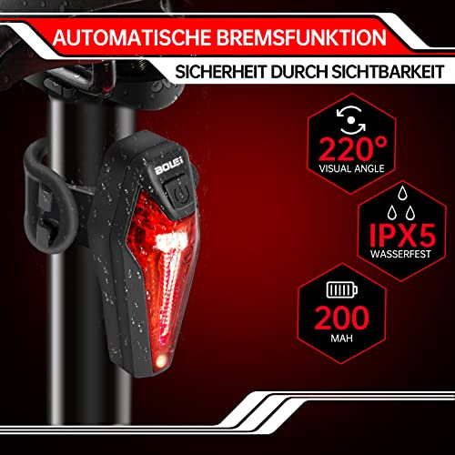 BOLEi LED Bike Light Set 100 LUX | StVZO Approved Bike Lamp | USB Rechargeable Bike Lighting | IPX5 Waterproof Bike Lights | Battery Reminder