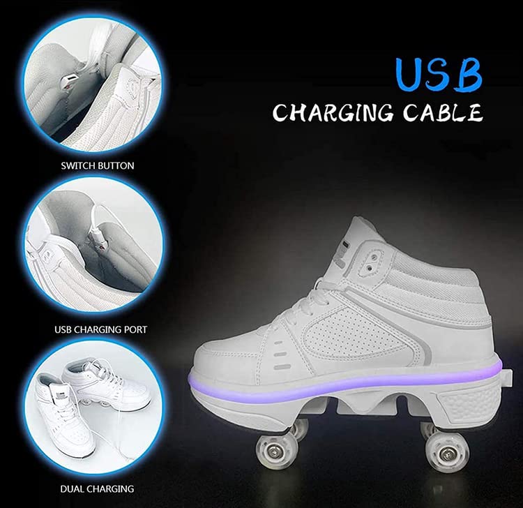 Roller shoes with LED lights 4-wheel adjustable skates Hidden wheel running shoes for play for men, women, and children.