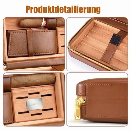 LEACHOI Leather Cigar Travel Humidor, Cigar Case with Lighter and Cigar Cutter, Cigar Accessories Set, Cigar Gift Set - Holds up to 6 Cigars - Brown