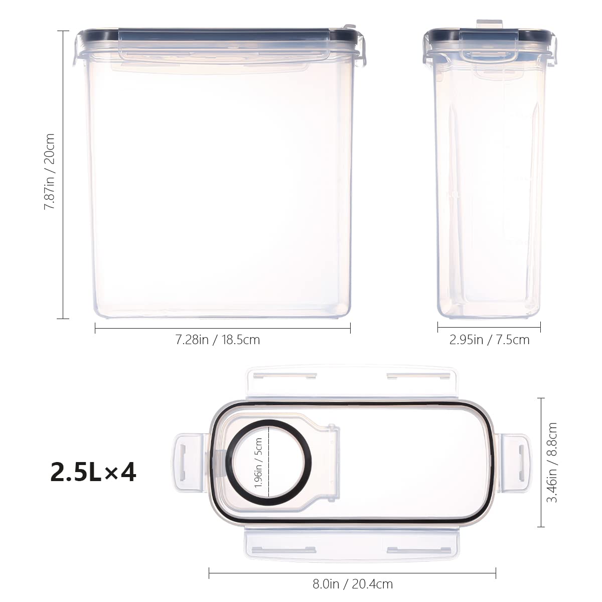 LUFEVRM 2.5L storage containers with lid, 4-piece airtight kitchen storage box sets, BPA-free plastic cereal dispensers for dry goods like cereal, flour, sugar, includes 24 labels.