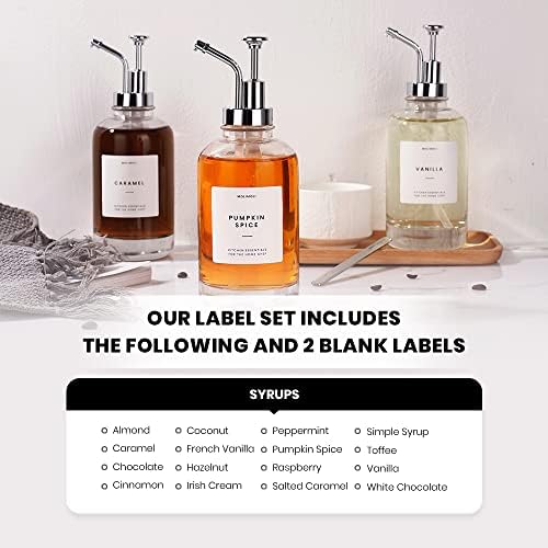 MoliMoli coffee syrup dispenser for coffee bar, coffee pump dispenser, glass syrup bottle with pump, maple/coffee syrup bottles, syrup dispenser 4-piece set, with labels, silver.