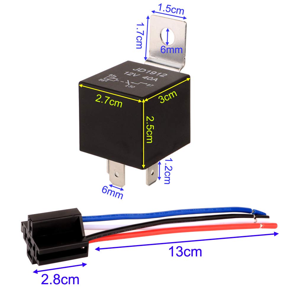 5-piece JD1912 auto relay wiring harness, 12V, 40A, 4-pole, SPST, 12 AWG, harness sockets with built-in diode for cars, trucks, vans, motorcycles, boats.