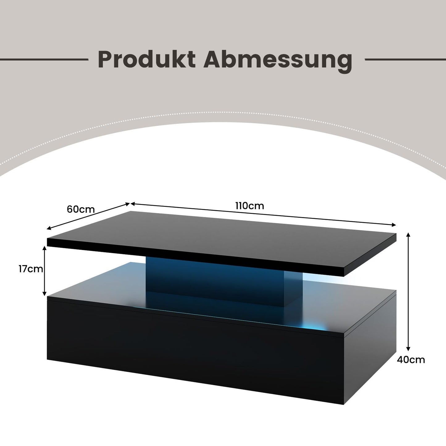 COSTWAY LED coffee table high gloss, living room table with adjustable light colors & brightness, remote control, 2-tier coffee table, rectangular sofa table for living room, black, 110 x 60 x 40 cm.