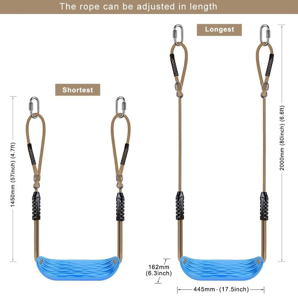 SELEWARE Non-Slip Plastic Swing Seat, sturdy tree swing set with adjustable rope and carabiners for kids and adults, for indoor and outdoor use, Blue, 2-Pack