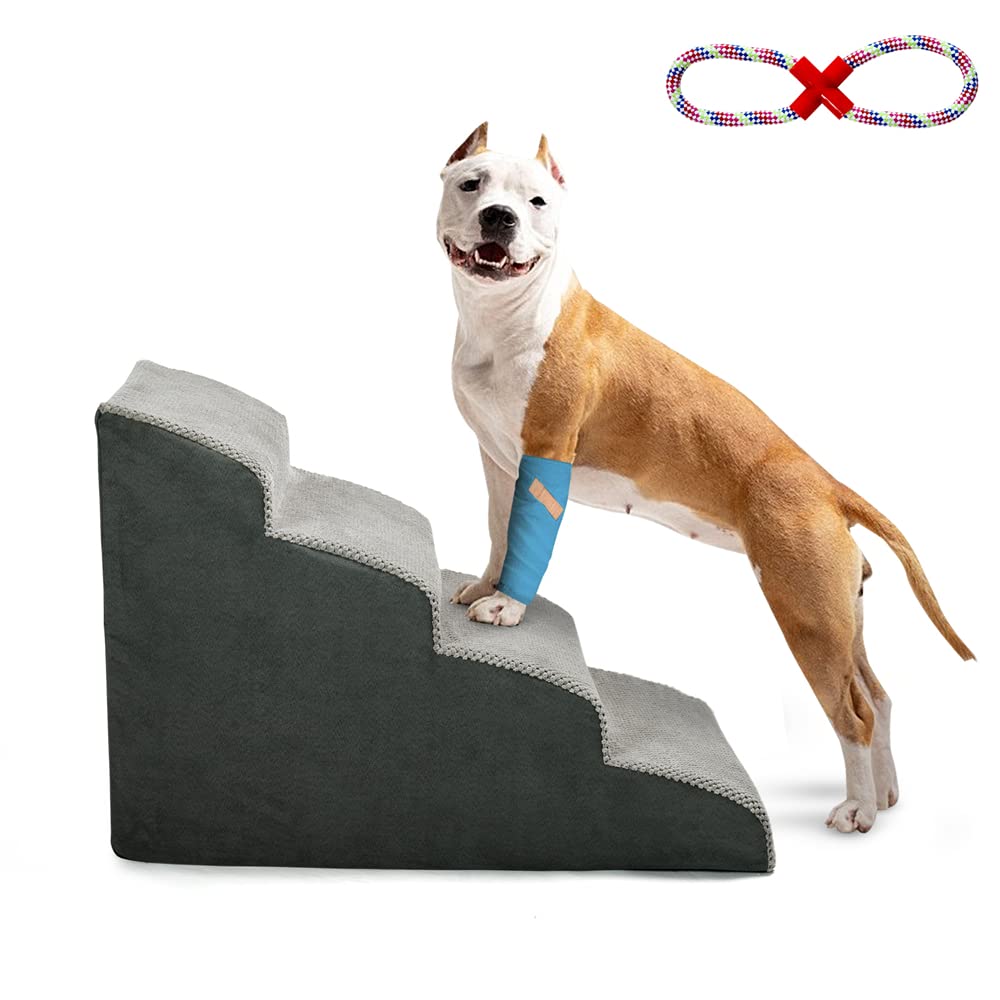 A.FATI Dog Stairs Bed, 4 Steps Dog Ramp made of high-density foam for Couch|Sofa|, Non-slip Pet Stairs 50cm High for Small Dogs - with Dog Toy Rope (gray)