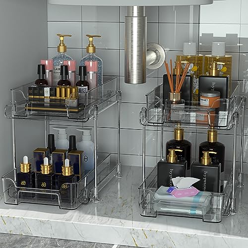 DEKAVA Under Desk Organizer, 2 Pieces, Bathroom Cabinet Organizer, 2 Layers, Sliding Door Basket, Drawer, Multi-purpose Bathroom Storage Baskets for Bathroom (Transparent)