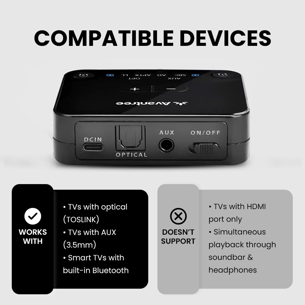 Avantree HT41899 Dual Bluetooth 5.0 Wireless TV Headphone Set with Transmitter and Stand (Digital Optical AUX RCA), 40 Hrs TV Headphones for Seniors, Plug-and-Play, No Delay.