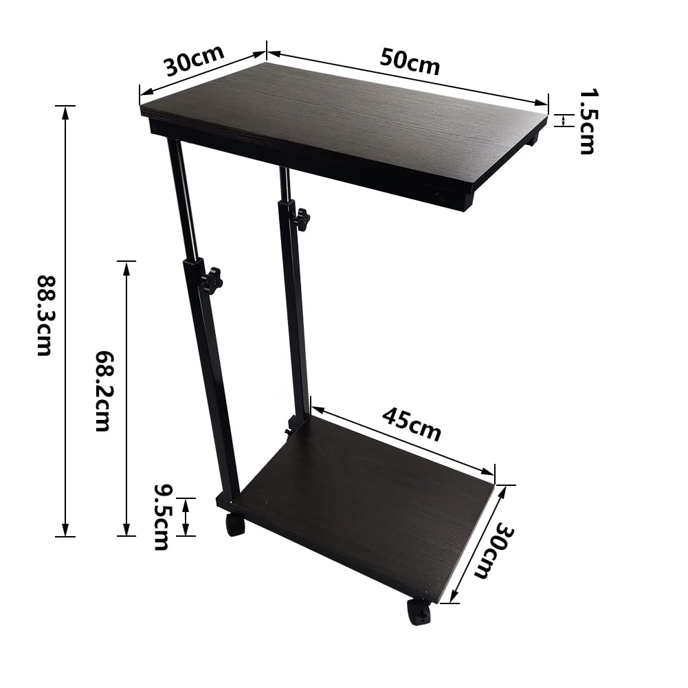 KKTONER Side Table Sofa Table Height Adjustable Bedside Table Coffee Table with Wheels Walnut Effect