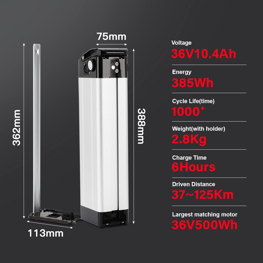 SEASON E-Bike Pedelec Battery Silverfish 36V 10.4Ah 385Wh, compatible with 36V 250W/350W/500W motors, for MiFa Rex Prophete Aldi Bike, compatible with Phylion/XH370-10J, Zhenlong/ZL1010-F.