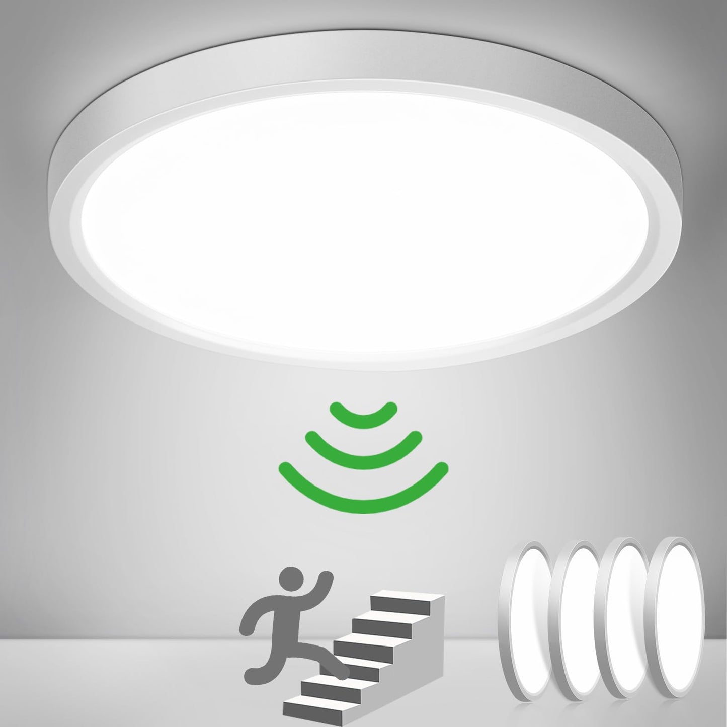 OPPEARL [4 pieces lamp with motion sensor indoor 23CM, 18W ceiling light with motion sensor round, 4000K LED ceiling lamp motion sensor as hallway light, balcony/garage/cellar/storage room lamp.