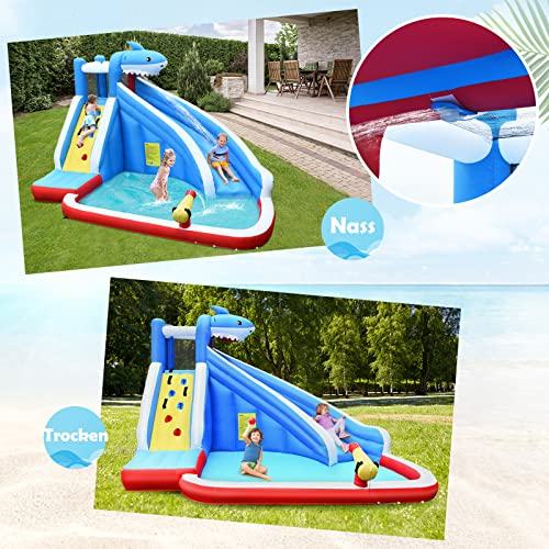 GOPLUS Inflatable Bounce House, Water Park with Slide/Climbing Wall/Basketball Hoop/Splash Pool, for Kids 4-12 Years, Kids Play Pool with Carrying Bag, 390x305x240cm (Shark, With Blower)