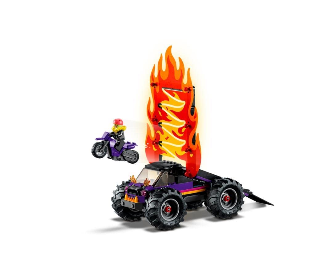 LEGO 60339 City Stuntz Stunt Show Double Loop Set, includes ramp, monster truck, 2 motorcycles, and 7 minifigures. Toy for kids ages 7 and up.