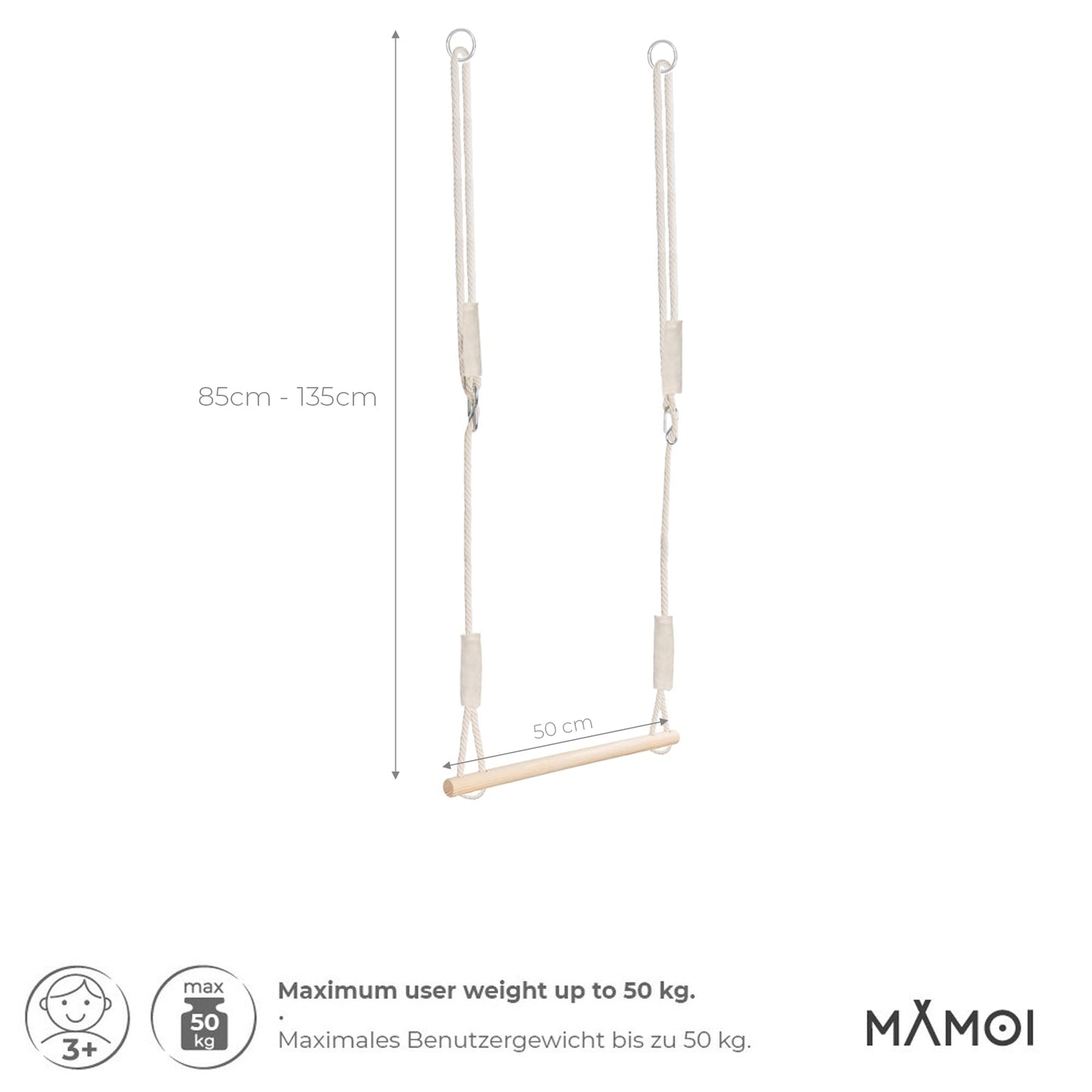 MAMOI® Trapeze swing, wooden gymnastic rings, kids' indoor and outdoor exercise equipment, ring swing, wooden swing set, gymnastic rings, and trapeze bar.