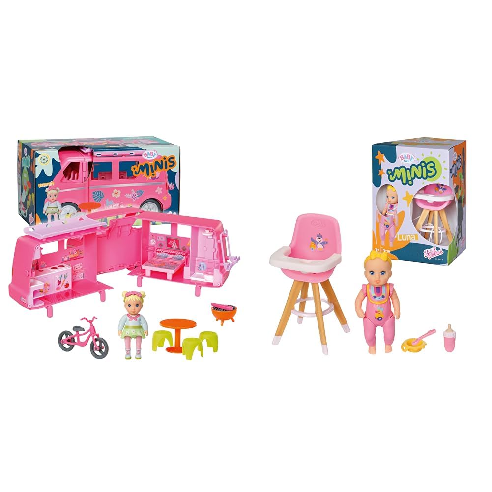 BABY Born, doll vehicle, fold-out caravan & Minis high chair playset with Minis doll Luna, bottle, and plate, 906125 Zapf Creation
