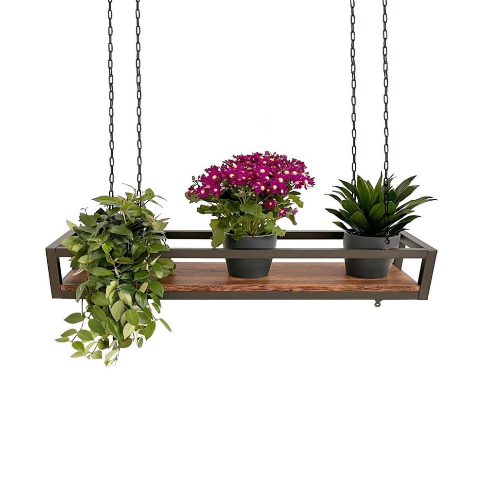 yelloo - Ceiling shelf with chains, ideal as flower shelf, indoor and outdoor plant stand, classic and elegant design for home, garden, balcony (FLOWERS 95 cm, Brown/Walnut)