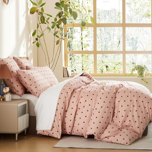 Nyescasa bedding 135x200 pink heart pattern 100% cotton girls children's heart bedding set with zipper, 1 duvet cover 135x200 and 1 pillowcase 80x80 cm