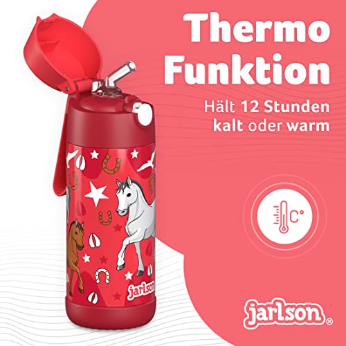 Jarlson® Kids Stainless Steel Water Bottle CHARLI with Straw - Thermos Flask 350ml - TÜV tested - BPA free - leak-proof - Thermal Water Bottle for School, Kindergarten (Horse)