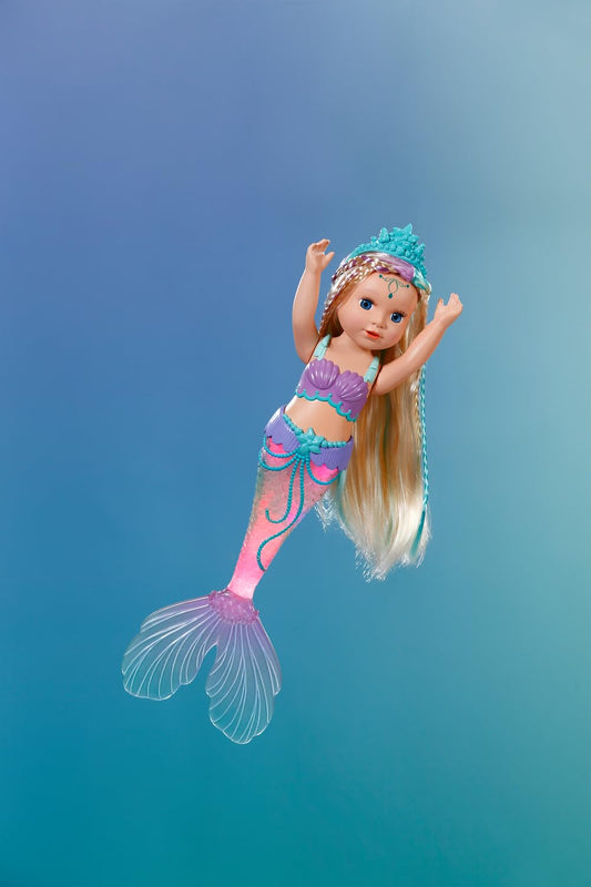 BABY born Mermaid 43cm, doll with long hair to style and light-up tail, for children ages 3 and up, batteries required, 837351 Zapf Creation.