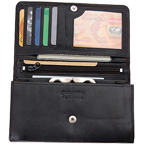 Women's long wallet made of leather with snap closure. Ideal for storing money and cards. (Green)