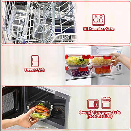 24-piece glass food storage containers with improved snap-lock lids, glass meal prep container set - airtight lunch containers, microwave, freezer, and dishwasher safe, red.
