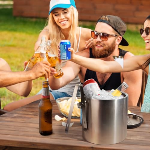3.2L Insulated Ice Bucket with Silicone Lid, Tongs, and Strainer