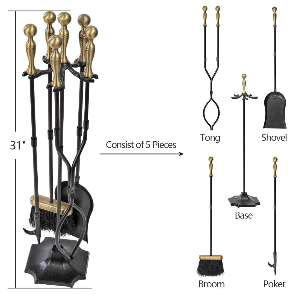 AMAGABELI 26.5" 5-piece Fireplace Tool Set with Wrought Iron and Inner Decoration Fireplace Accessories Firewood Stand Tongs Shovel Brush Poker Gold.