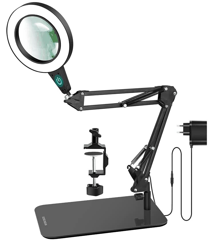 SAVSOO 20 Diopter Magnifying Glass with Light and Stand, Touch Control, 2-in-1 LED Magnifier Lamp, Desk Lamp with Large Base and Clamp, 3 Color Modes Dimmable, Magnifying Lamp for Hobbies Crafting, Black