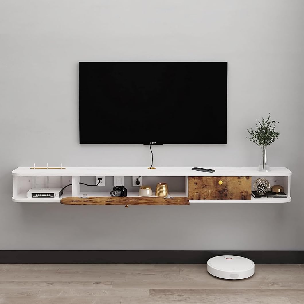 Pmnianhua TV Floating Lowboard, Hanging TV Cabinet, Wall Mounted Floating TV Stand Entertainment Media Console Center Large Storage Cabinet for Living Room Home Office (Vintage Brown)