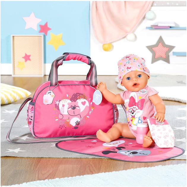 Zapf Creation 832455 BABY born Changing Bag - Doll changing bag in pink and grey including changing mat, diaper, and powder compact.