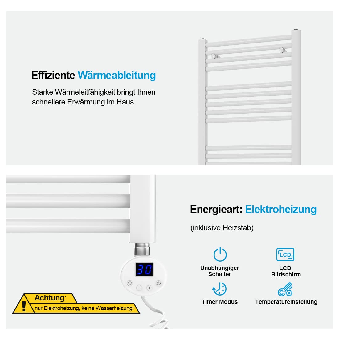 Heilmetz electric towel radiator 100x60cm with digital thermostat and timer function. Straight towel warmer in white, 500W.