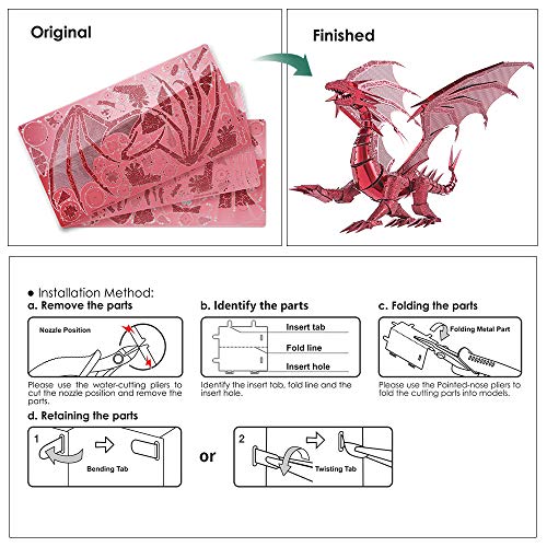 Piececool 3D Puzzle Metal Model Building Flaming Dragon, 3D Metal Puzzle for 340 stainless steel, Entire Metal, 1:1 Restore Collection, Birthday Gift, adult model kit, 115 pieces