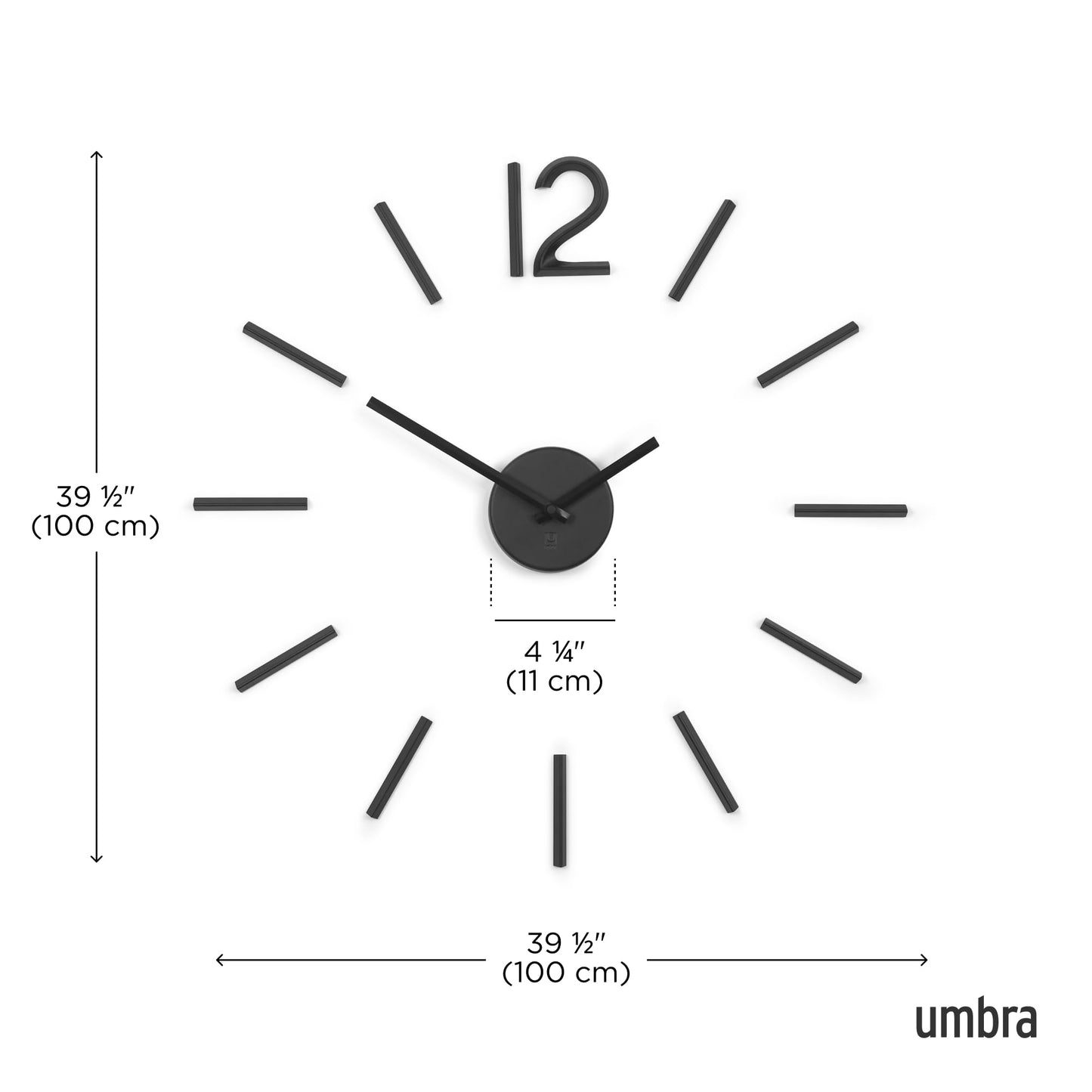 Umbra Blink, modern and minimalist DIY quartz wall clock without frame, adhesive numbers, wall decoration for kitchen, office, bedroom, and living room, metal, black.
