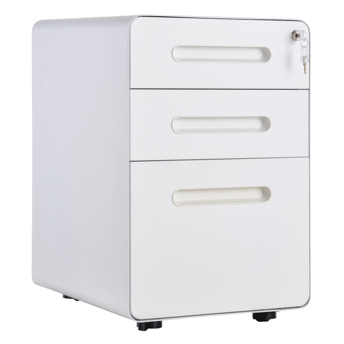 Vinsetto 3-drawer mobile file cabinet with lockable casters, includes hanging file organizer and pencil tray. Office under desk storage unit measures 39x48x59cm in white.