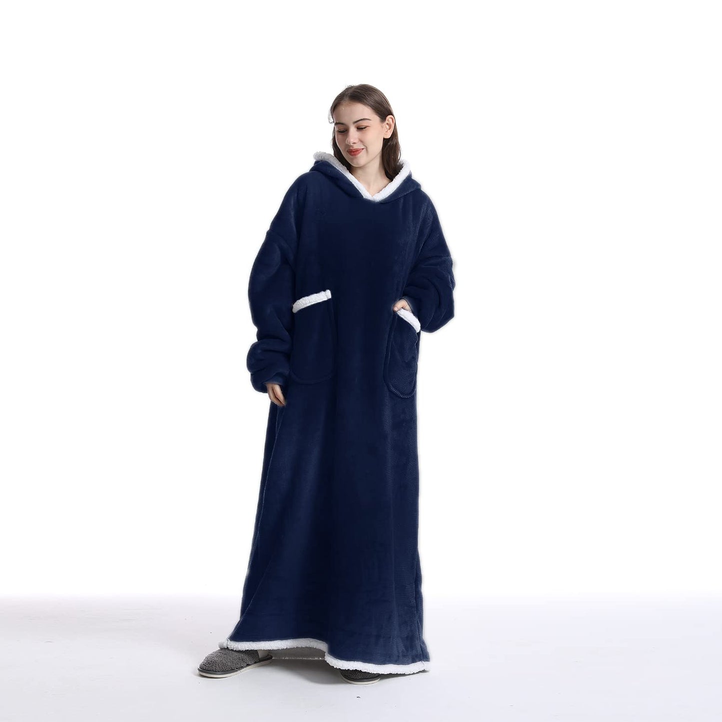 Sleeved blanket, oversized hoodie soft warm flannel wearable full body blanket, sherpa hooded sweatshirt for men/women, wearable full body blanket, blue