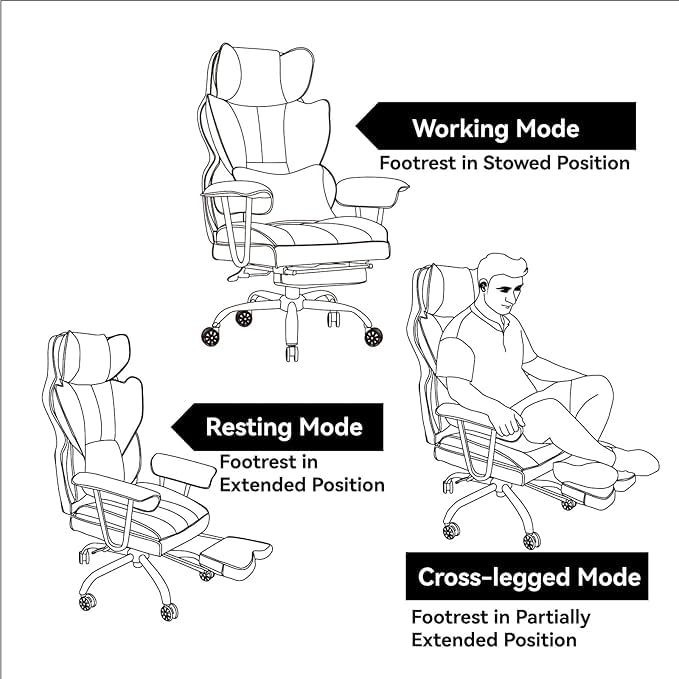 Efomao ergonomic office chair, PU leather executive chair, office chair 200 kg with footrest and lumbar support, Adjustable high back chair, Black